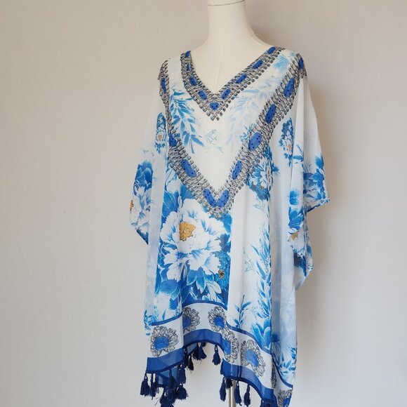 ASA Kaftans Beaded Jewel Caftan Top Tassel-Hem V-Neck Chiffon Blue White - Picture 3 of 12